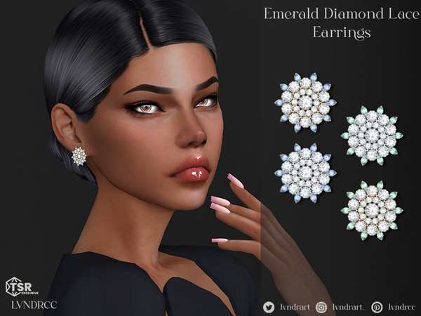 Sims 4 — Emerald Diamond Lace Earrings by LVNDRCC — Brilliant cut diamond earrings with marquise cut green and blue prism