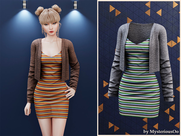 Sims 4 — Striped dress with cropped cardigan by MysteriousOo — Fitted striped dress paired with a soft cardigan in 5