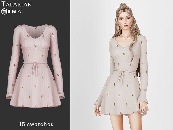 Sims 4 — Gabrielle Floral Ribbed Dress by talarian — Charming long-sleeve mini dress featuring a ribbed texture, small