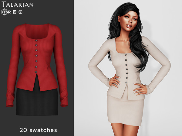 Sims 4 — Della Ribbed Button-Up Outfit by talarian — Chic ribbed outfit featuring a fitted button-up top paired with a