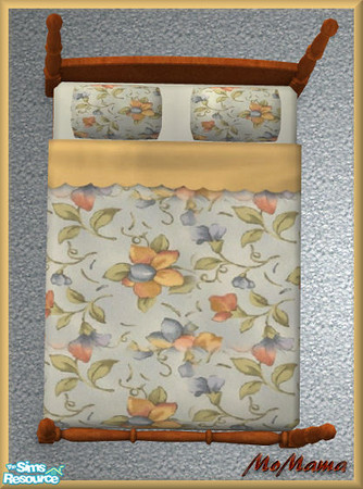 Sims 2 — NK Spicy Cinnamon Bedroom - Bedding by MoMama — A print quilt and pillows is offset by a blue mattress and