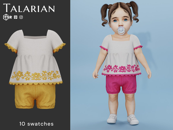 Sims 4 — Hazel Embroidered Outfit by talarian — Adorable outfit featuring a short-sleeve top with floral embroidery and