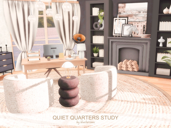 Sims 4 — Quiet Quarters Study by BlusterSims — Quiet Quarters study room with soft lighting, lined with bookshelves and
