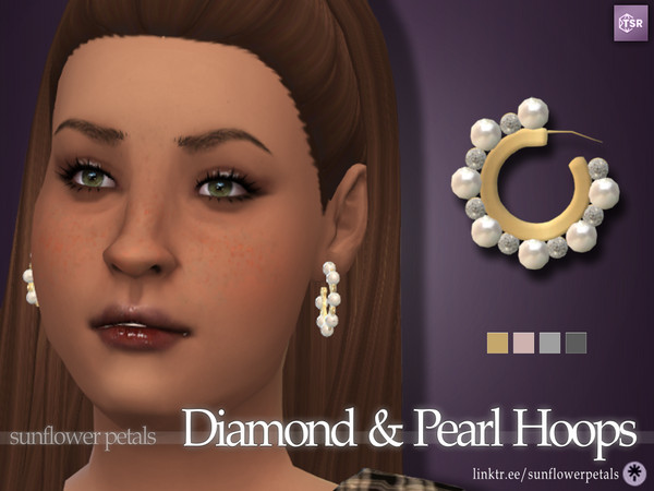 Sims 4 — Diamonds & Pearls Hoops by SunflowerPetalsCC — A pair of hoop earrings with diamonds and pearls attached.