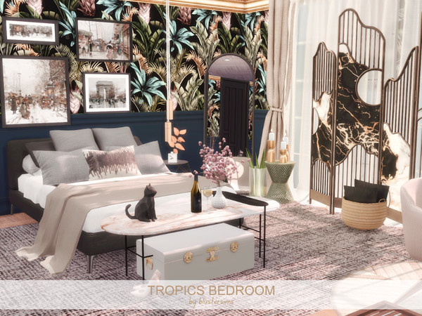 Sims 4 — Tropics Bedroom by BlusterSims — The Tropics Bedroom features a large, comfortable bed and a stylish computer