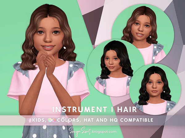 Sims 4 — Instrument Hair Kids - Left by SonyaSimsCC — - Wavy medium-length hair with curls. Pulled back - All LODs
