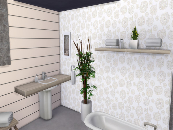Sims 4 — Bathroom Wall Set by lavilikesims — A set of walls containing both a painted wood wall and matching wallpaper in
