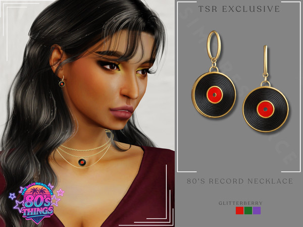 Sims 4 — Record Hoop Earrings by Glitterberryfly — A gold hoop earring with record pendant. Comes in red, purple and