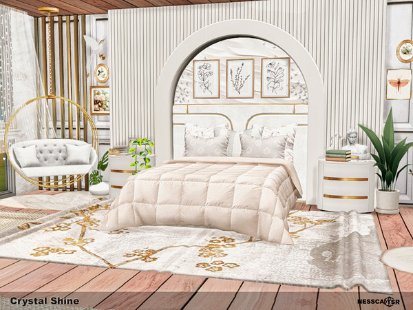 Sims 4 — Crystal Shine by Nessca — Crystal Shine features a soft, elegant aesthetic. The arched headboard, plush bedding,
