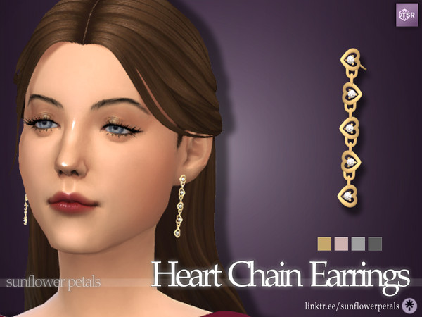 Sims 4 — Heart Chain Earrings by SunflowerPetalsCC — A pair of heart shaped chain earrings with diamonds attached. Comes