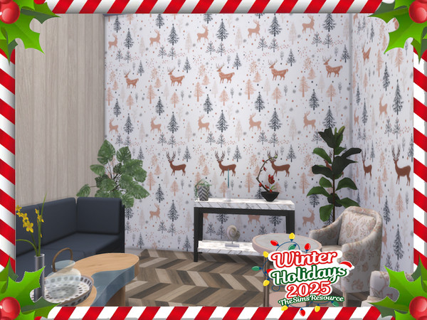 Sims 4 — Oh So Deer Wallpaper by lavilikesims — 4 colours, 2 patterns and a plain wall, with skirting boards
