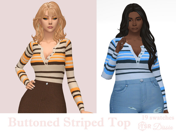 Sims 4 — Buttoned Striped Top by Dissia — Long sleeves buttoned tucked stripes ribbed top