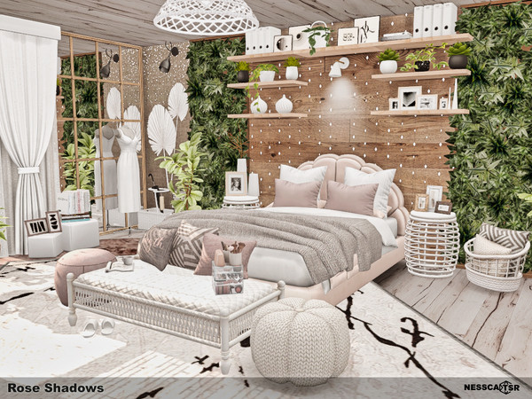 Sims 4 — Rose Shadows by Nessca — Rose Shadows is a serene boho-chic bedroom with soft blush and neutral tones, abundant
