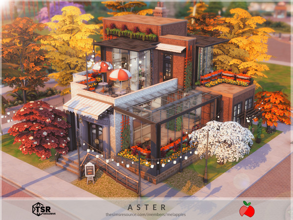 Sims 4 — Aster - cafe by melapples — A cozy, autumn themed cafe. 1st floor: barista, high tables, restroom, kitchen.