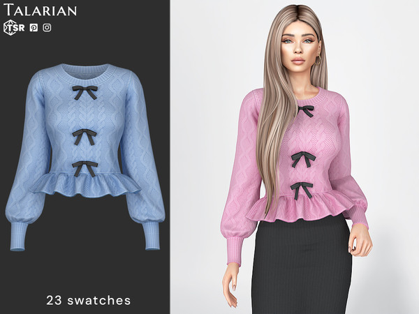 Sims 4 — Mara Bow-Front Peplum Sweater by talarian — Fitted cable-knit sweater featuring a soft peplum hem, voluminous