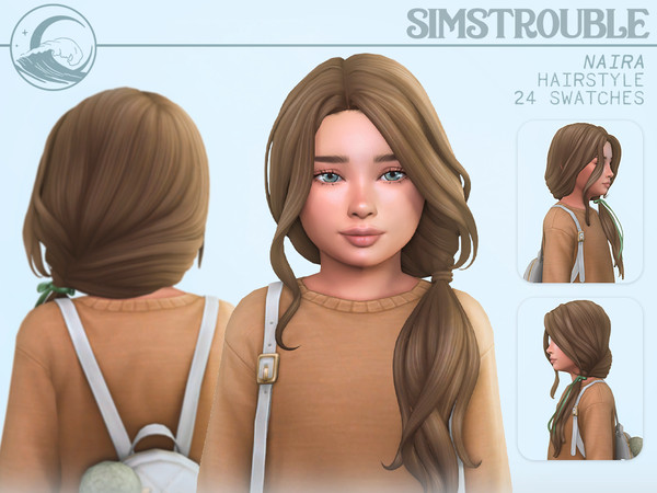Sims 4 — simstrouble_ChildHair_NairaV1.package by simstrouble — A long, wavy hairstyle wrapped on the left side with a