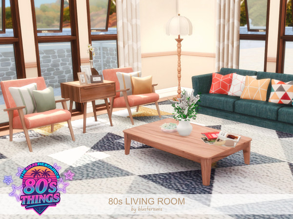 Sims 4 — 80s Living Room by BlusterSims — The 80s Living Room centers around a cozy brick fireplace, with a bold sitting