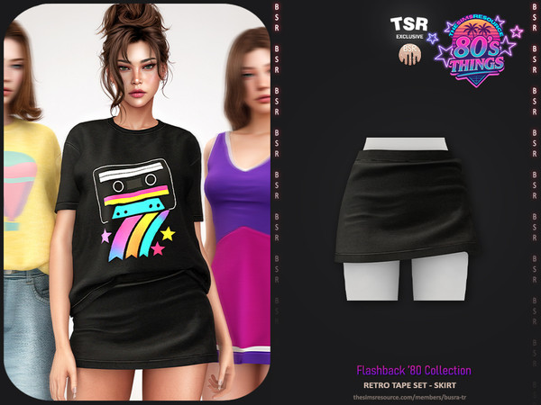 Sims 4 — Flashback '80 Collection -651- Retro Tape Set Skirt BD1643 by busra-tr — - Set Inclued : T-Shirt - Skirt -