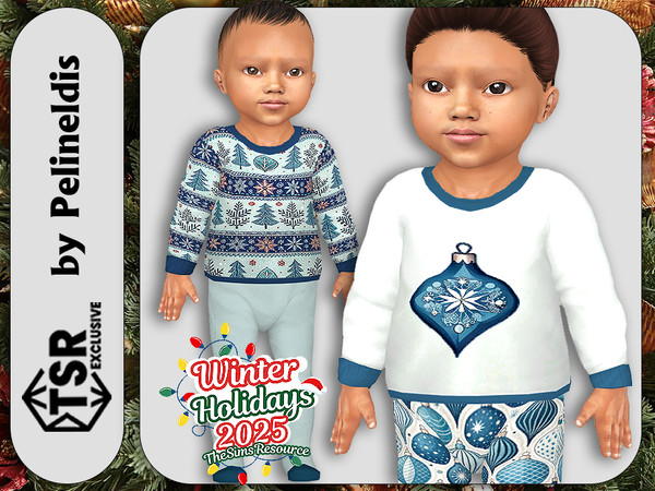 Sims 4 — Infants Blue Christmas Pajamas Set by Pelineldis — Kids fashion clothing: five pajamas tops and bottoms for