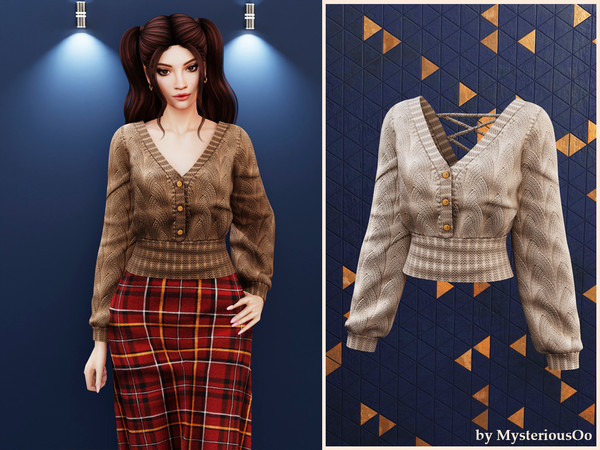Sims 4 — Open back lace tie knit sweater by MysteriousOo — Cozy knit sweater with open back and lace ties