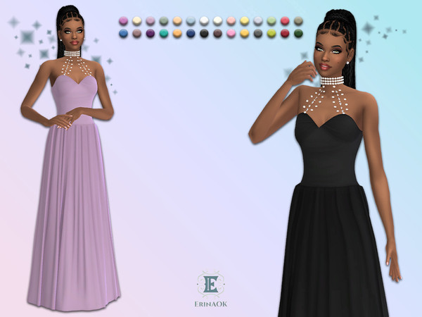 Sims 4 — ErinAOK Womens Gown 112925 by ErinAOK — Sleeveless silk gown with rhinestone and pearl straps connecting to a