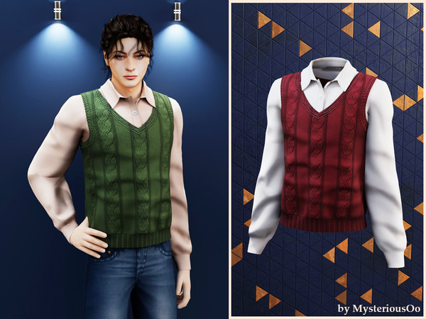 Sims 4 — Male - Layered knit vest shirt by MysteriousOo — Layered shirt with classic cable-knit vest