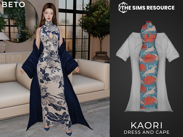 Sims 4 — By Beto - Kaori (Cape) by Beto_ae0 — Dress with many Asian prints and a large cape Important: The cape is