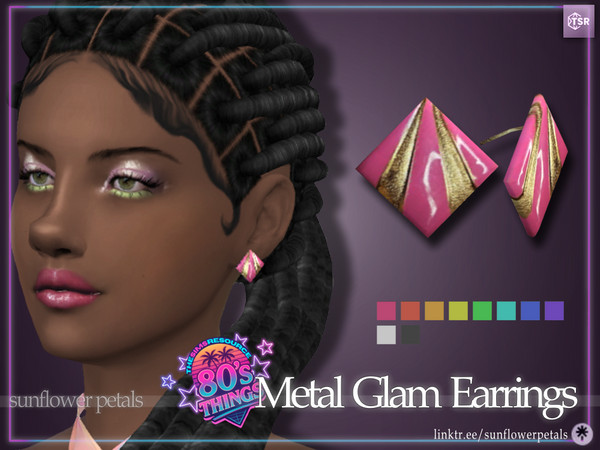 Sims 4 — Metal Glam Earrings by SunflowerPetalsCC — A pair of square shaped metal earrings in 10 bright colors. BGC
