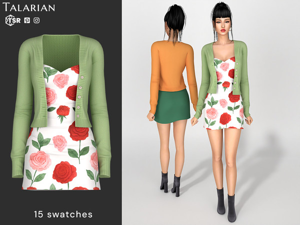 Sims 4 — Jazlyn Dress and Knitted Cardigan Outfit by talarian — Outfit combining a fitted floral mini dress with a