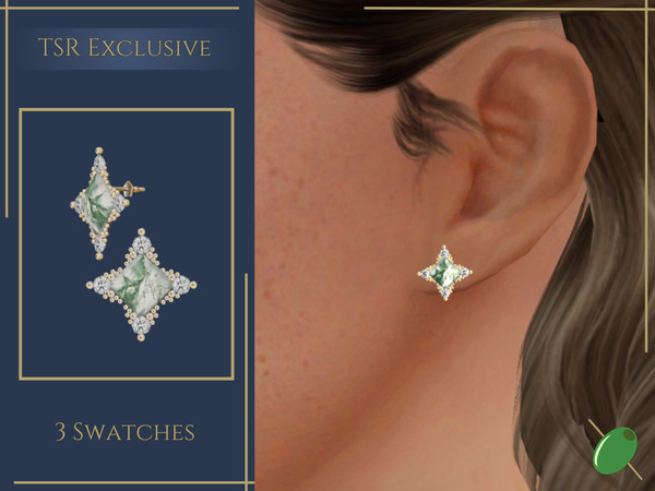 Sims 4 — Patricia Moss Agate Earrings by Pitted0live — square moss agate studs with diamonds and gold beads creating a