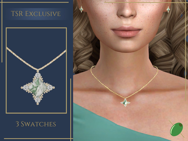 Sims 4 — Patricia Moss Agate Necklace by Pitted0live — square moss agate pendant with diamonds and gold beads in a star