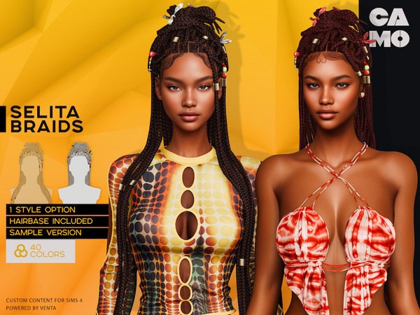 Sims 4 — CAMO - Selita Braids (Hairbase) by VentaStudio — 40 Colors