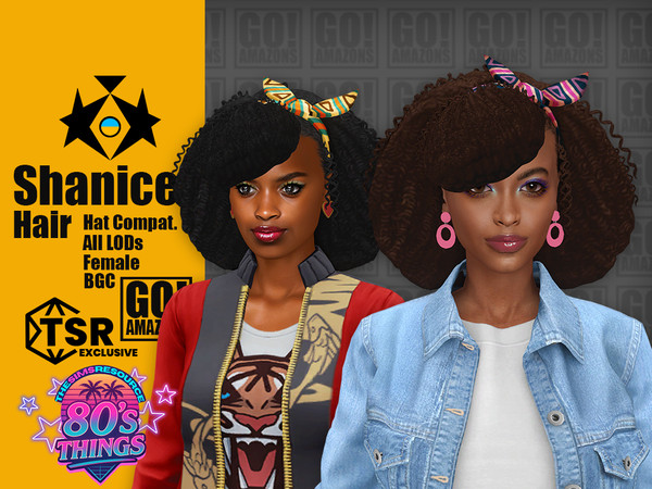 Sims 4 — Shanice Hair (80's Things) by GoAmazons — Medium afro hair with bangs and a bow in 80s style.