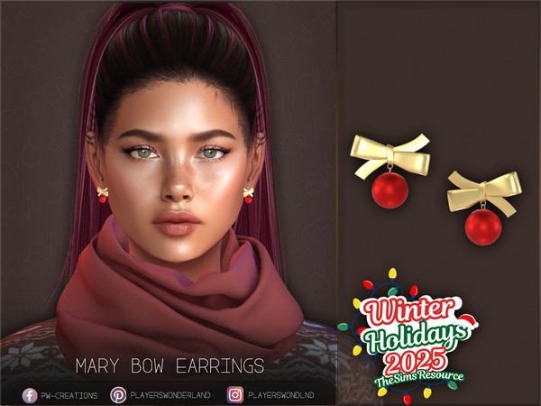 Sims 4 — Mary Bow Earrings by PlayersWonderland — Christmas themed Bow earrings with a christmas ball. - 5 Swatches