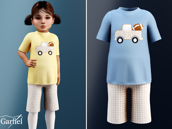 Sims 4 — Toddler - Playful truck tee with gingham shorts by Garfiel — A cute toddler outfit featuring a soft oversized T