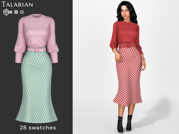 Sims 4 — Angie Blouse And Midi Gingham Skirt Outfit by talarian — Stylish two-piece outfit featuring a soft long-sleeve