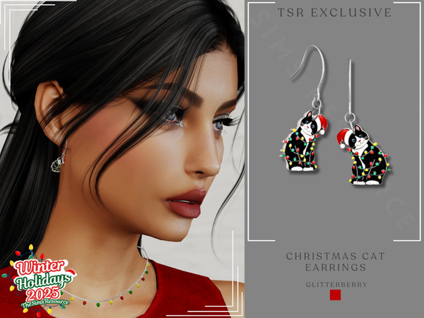 Sims 4 — Christmas Cat Earrings by Glitterberryfly — A dangle earring with a black tuxedo cat wrapped in christmas lights