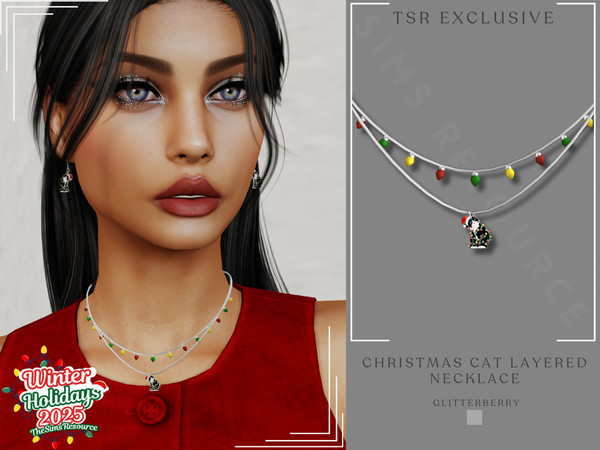Sims 4 — Christmas Cat Layered Necklace by Glitterberryfly — A layered Christmas light necklace with a tuxedo cat pendant