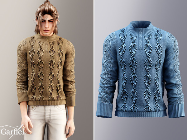 Sims 4 — Adult - Textured half zip cable sweater with bold pattern by Garfiel — A richly detailed cable knit sweater