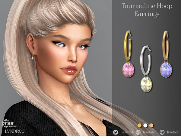 Sims 4 — Tourmaline Hoop Earrings by LVNDRCC — Moderate huggie hoops in silver and gold. With an oval tourmaline stone