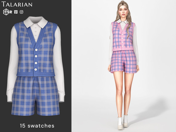 Sims 4 — Eileen Plaid Vest and Shorts Outfit by talarian — outfit featuring a sleeveless plaid vest layered over a fitted