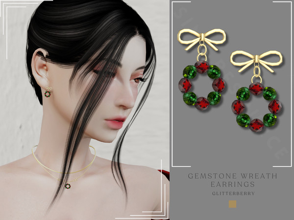 Sims 4 — PATREON Christmas Wreath Earrings by Glitterberryfly — A red and green gemstone wreath earring set in gold
