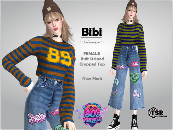 Sims 4 — 80'S THINGS - BIBI - Cropped Top by Helsoseira — Style - Knit striped long sleeve cropped sweater top