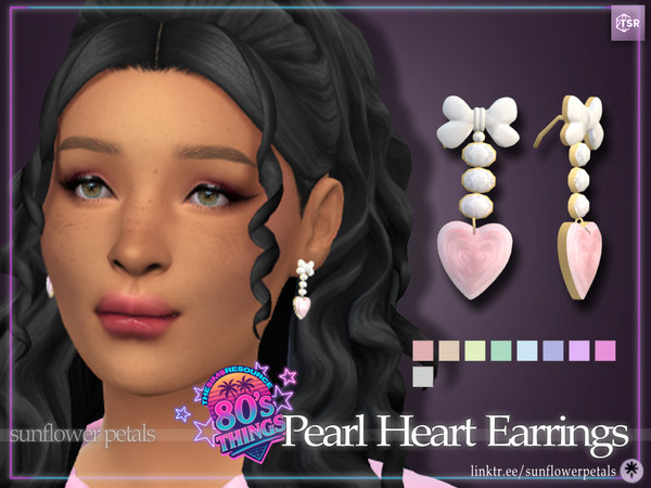 Sims 4 — Pearl Heart Earrings by SunflowerPetalsCC — A pair of dangle earrings with a pearl bow, colored pearl heart, and