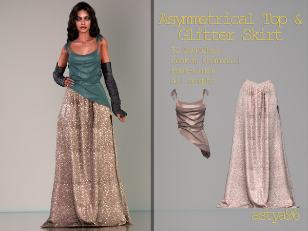 Sims 4 — Asymmetrical Top & Glitter Maxi Skirt (Dec23) by astya96cc — 52 swatches