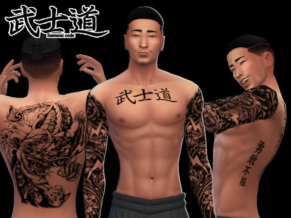 Sims 4 — Samurai Code Male Tattoo by Evemor — Samurai Code Male Tattoo comes with a Dark Ink and a Lighter Ink version of