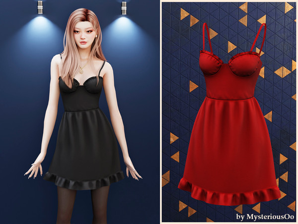 Sims 4 — Ruffled satin strap mini dress by MysteriousOo — Elegant mini dress with ruffled hem and satin straps