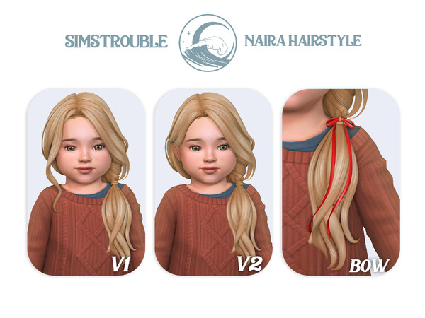 Sims 4 — simstrouble_ToddlerHair_NairaV2 by simstrouble — A long, wavy hairstyle wrapped on the left side with a
