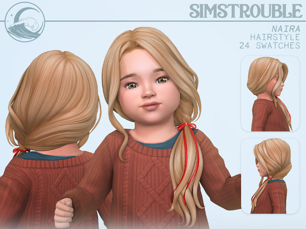 Sims 4 — simstrouble_ToddlerHair_Naira-Bow by simstrouble — A long, wavy hairstyle wrapped on the left side with a