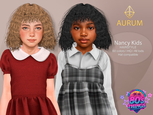 Sims 4 — Nancy Hairstyle - Curly Shag with Fringe for kids by Aurum — 80s curly shag bob with natural volume and choppy